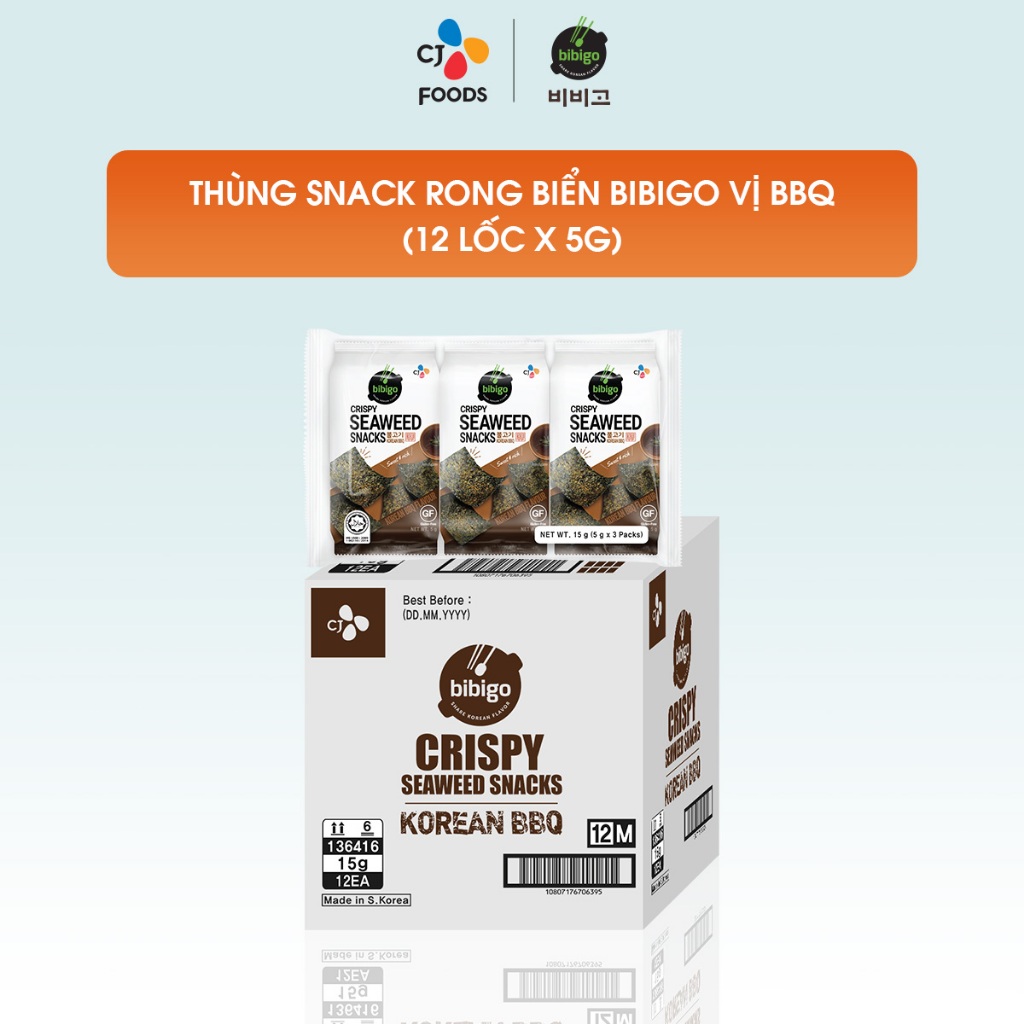 [Tiết kiệm] Thùng 12 lốc Snack rong biển Bibigo vị BBQ/Wasabi