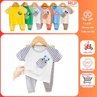 MK419 (6-16KG dưới 3T) Bộ áo cộc tay quần dài phối túi in hình chất thun lạnh sọc dệt cho bé
