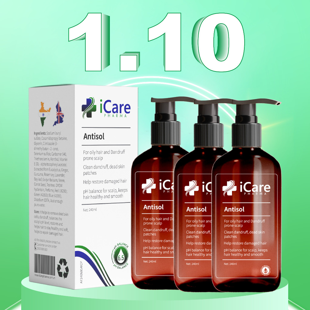 Combo 3 Chai Dầu Gội Sạch Gàu Antisol | Thương Hiệu iCare Pharma | Làm Sạch Gàu Nấm Ngứa Da Đầu | Chiết Xuất Dược Liệu