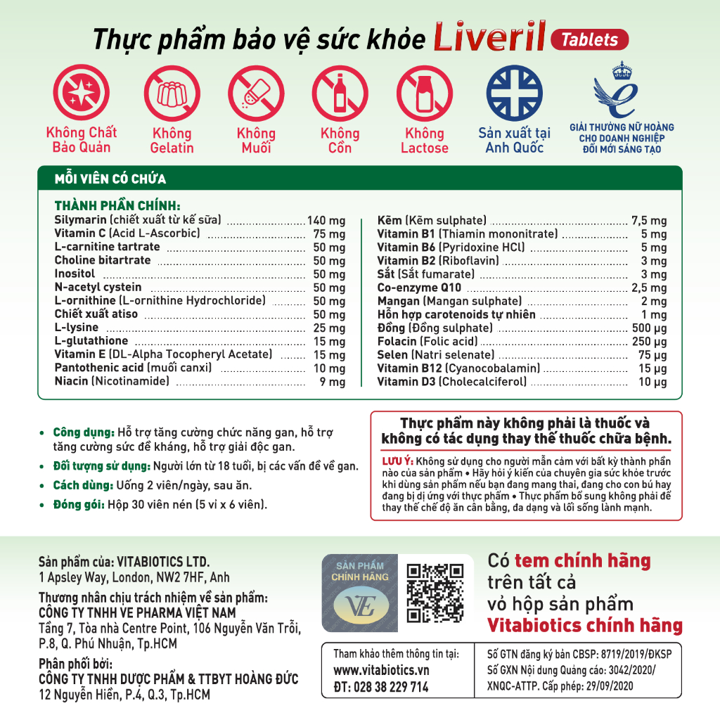 Combo 2 Hộp Viên Uống Giải Độc Gan Vitabiotics LIVERIL Giúp Hỗ Trợ Chức Năng Gan, Tăng Cường Sức Đề Kháng 30 Viên