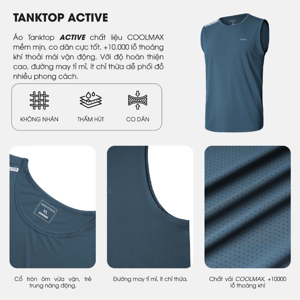 Áo thun ba lỗ nam Mentoris thiết kế trẻ trung năng động,dệt lỗ kim kết hợp vải Coolmax thoáng mát thoát khí tốt MTT02