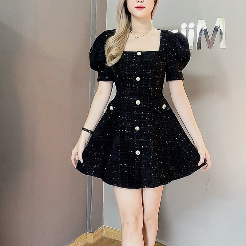 Váy Dạ Nhũ Xòe Tay Bồng Túi Nắp