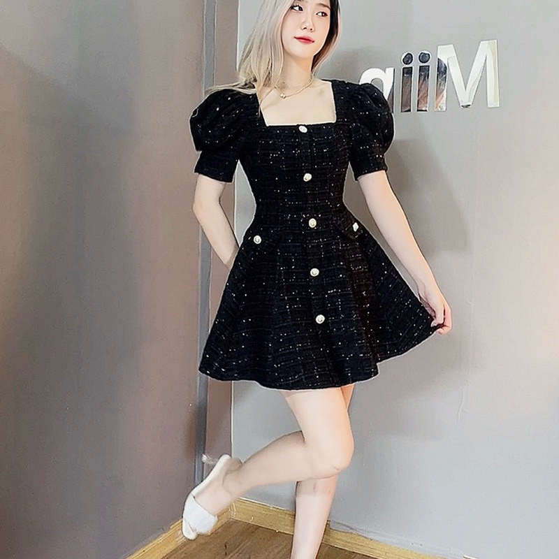 Váy Dạ Nhũ Xòe Tay Bồng Túi Nắp