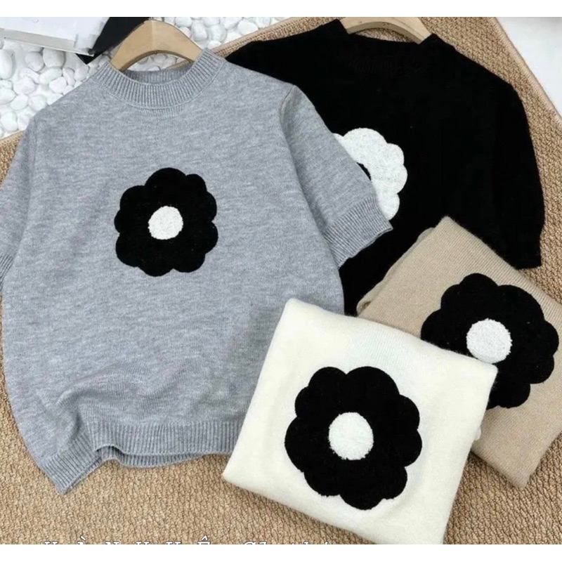 Áo len cộc tay hình bông hoa xù bốn màu , kèm video và ảnh thật