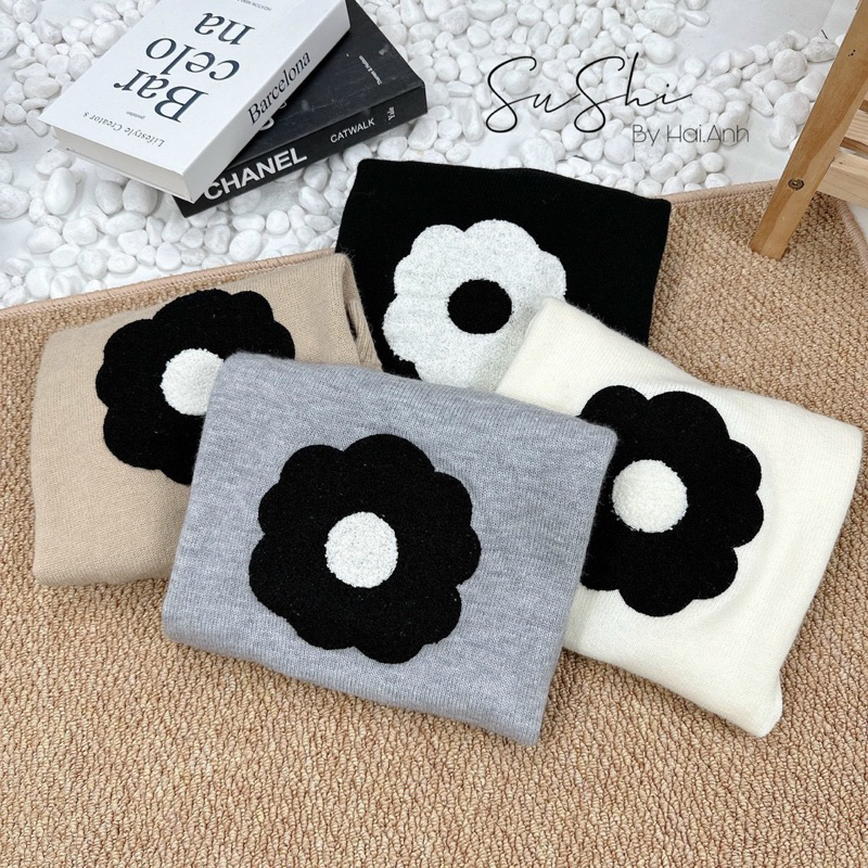 Áo len cộc tay hình bông hoa xù bốn màu , kèm video và ảnh thật