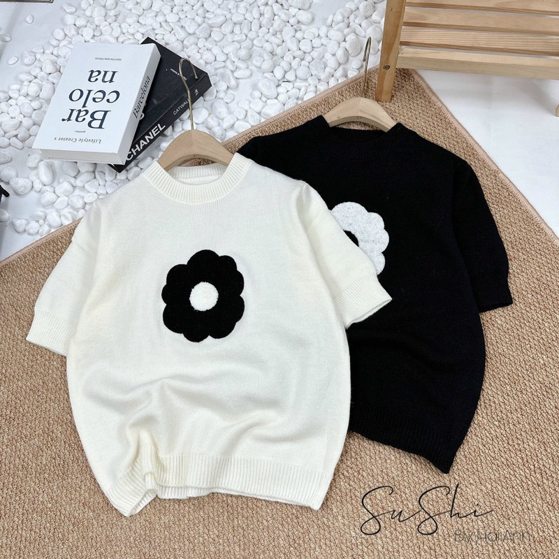 Áo len cộc tay hình bông hoa xù bốn màu , kèm video và ảnh thật