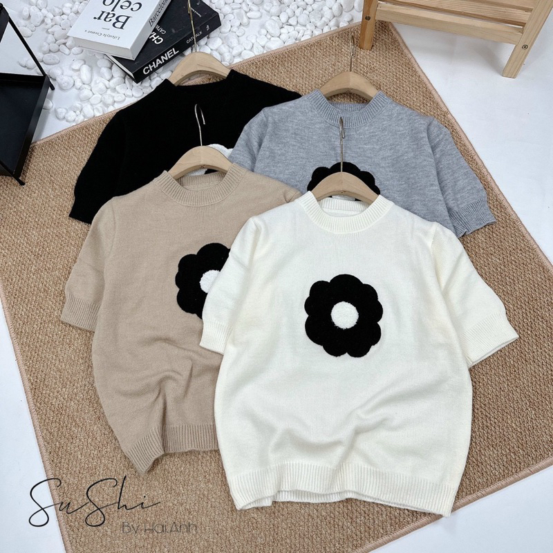 Áo len cộc tay hình bông hoa xù bốn màu , kèm video và ảnh thật