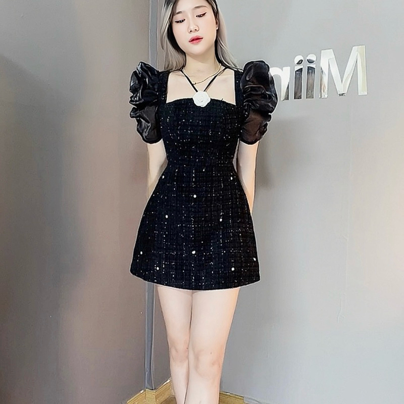 Váy Dạ Nhũ Tay Tơ Bồng Hoa Trắng