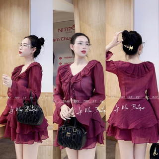 SET ÁO ĐỎ VIỀN BÈO TAY LOE + CHÂN VÁY MIDI
