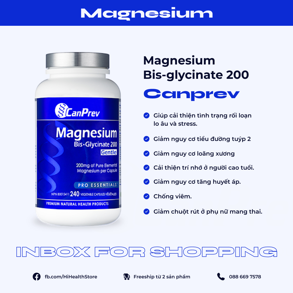 Viên uống bổ sung Magnesium Bisglycinate Canada giảm stress, giảm căng thẳng âu lo, chắc khỏe xương 120/240 Viên