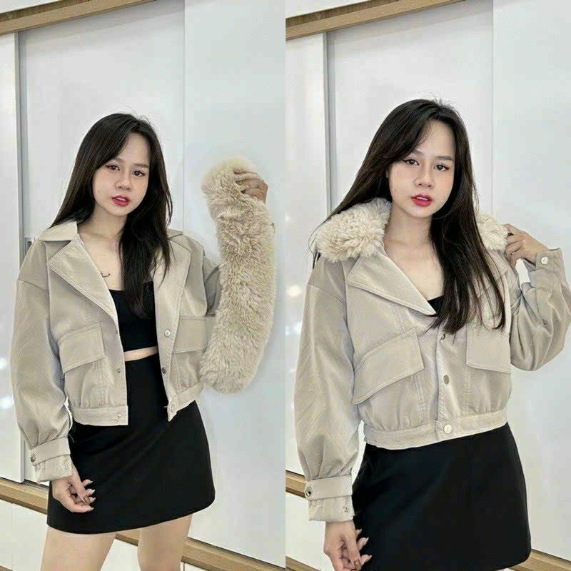 Áo da nhung tuyết lót lông hoạ tiết dập nổi