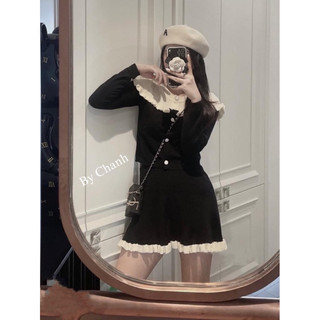 Set len đen phối cổ bèo trắng, chân váy xoè