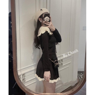 Set len đen phối cổ bèo trắng, chân váy xoè