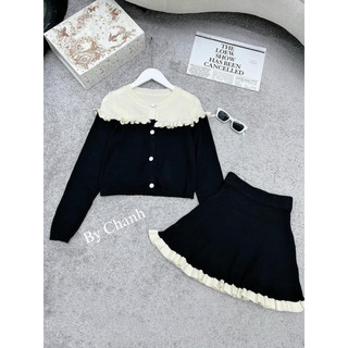 Set len đen phối cổ bèo trắng, chân váy xoè