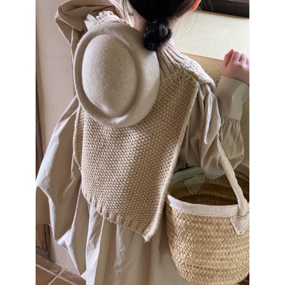 Set Váy Tay Dài Và Yếm Cổ Len Mềm Mùa Thu Quảng Châu Phong Cách Vintage Bé Gái Size Đại