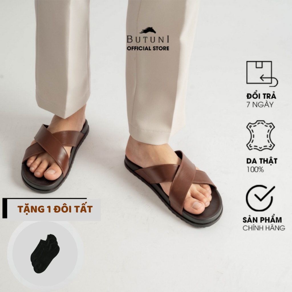 Dép quai ngang Butuni Single Slippers da bò full grain màu nâu đế cao su chống trượt bảo hành 12 tháng