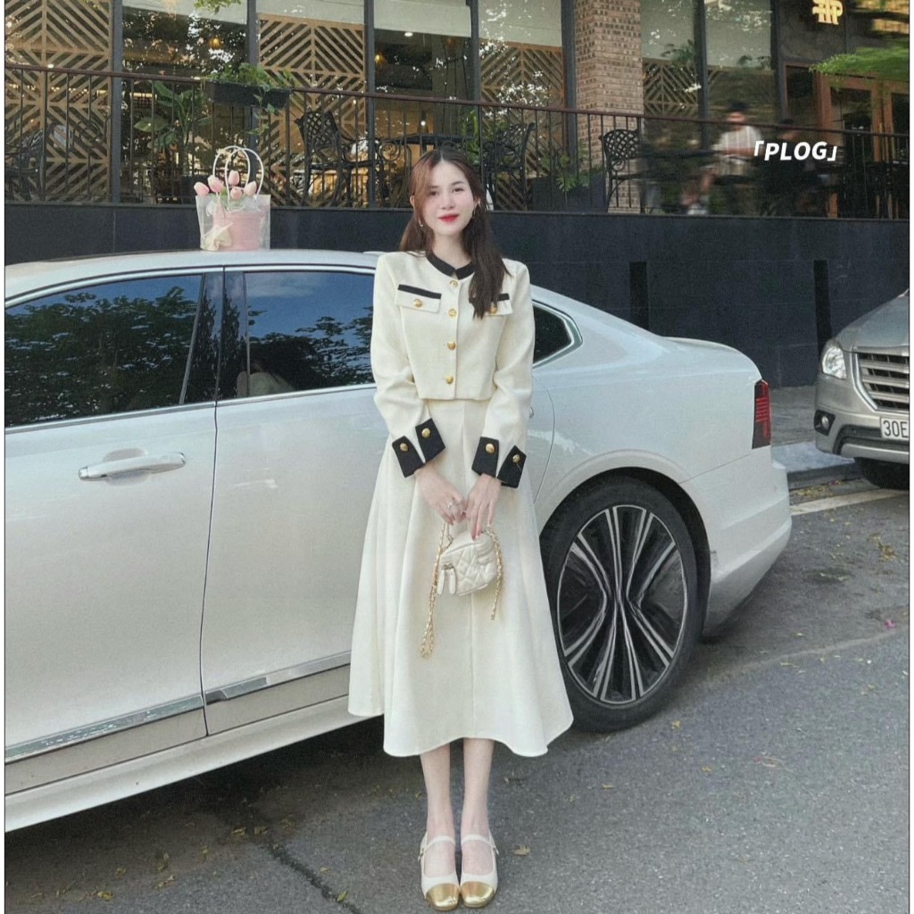 Set váy dạ dài tay phối cúc vàng, Set bộ đồ dáng dài tiểu thư sang chảnh phong cách Hàn Quốc