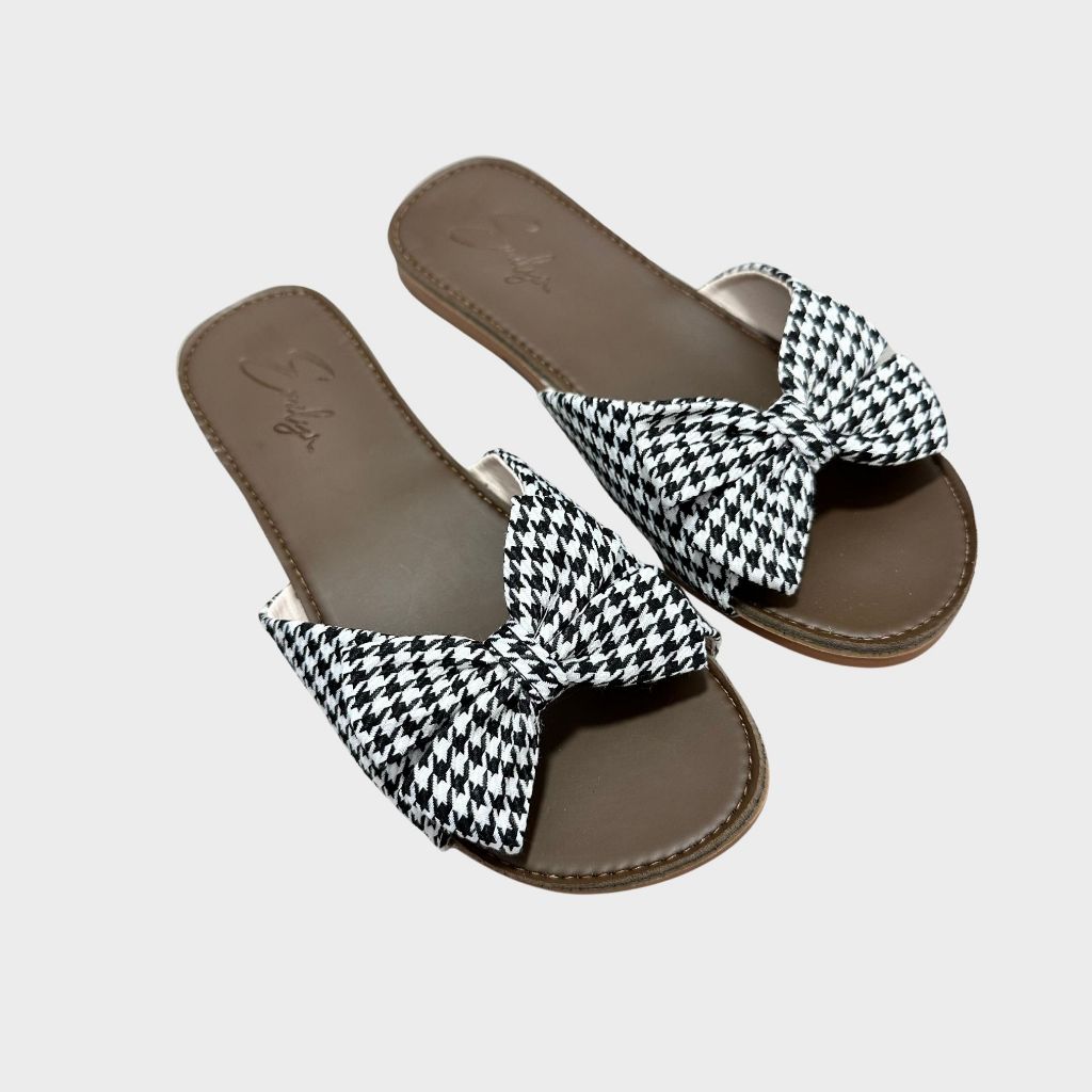 Dép lê nữ đế bằng Emily dép quai ngang thắt nơ xinh xắn vải dạ kẻ thời trang -ED1M