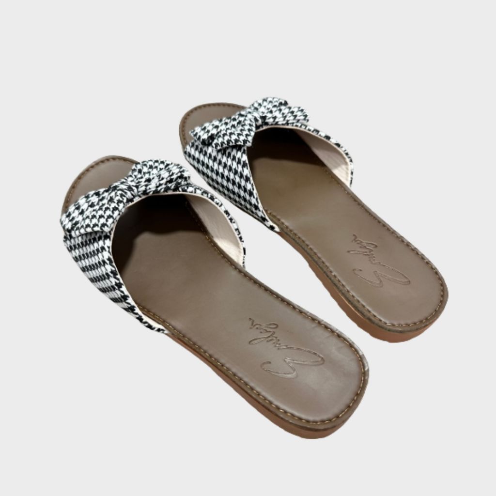 Dép lê nữ đế bằng Emily dép quai ngang thắt nơ xinh xắn vải dạ kẻ thời trang -ED1M