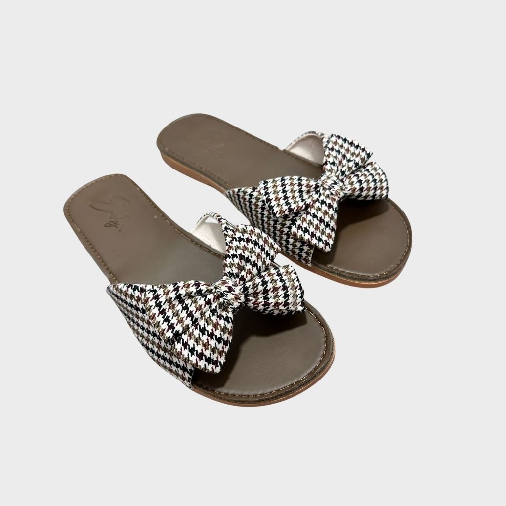 Dép lê nữ đế bằng Emily dép quai ngang thắt nơ xinh xắn vải dạ kẻ thời trang -ED1M