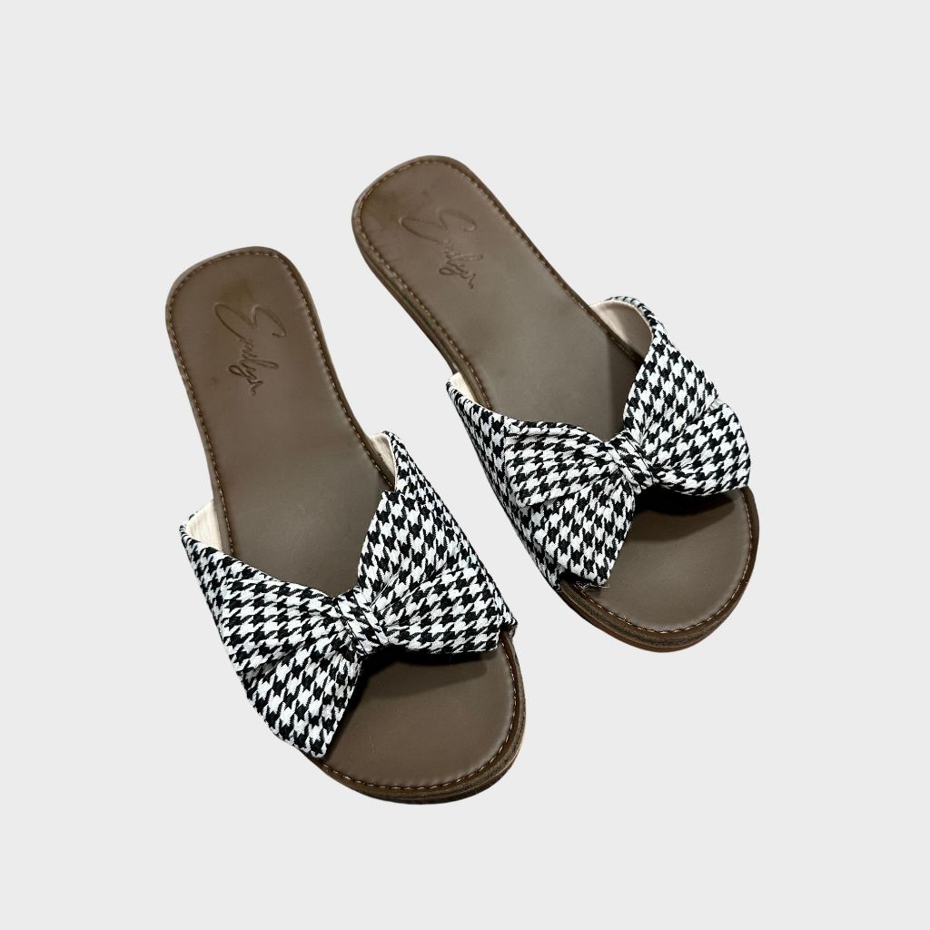 Dép lê nữ đế bằng Emily dép quai ngang thắt nơ xinh xắn vải dạ kẻ thời trang -ED1M