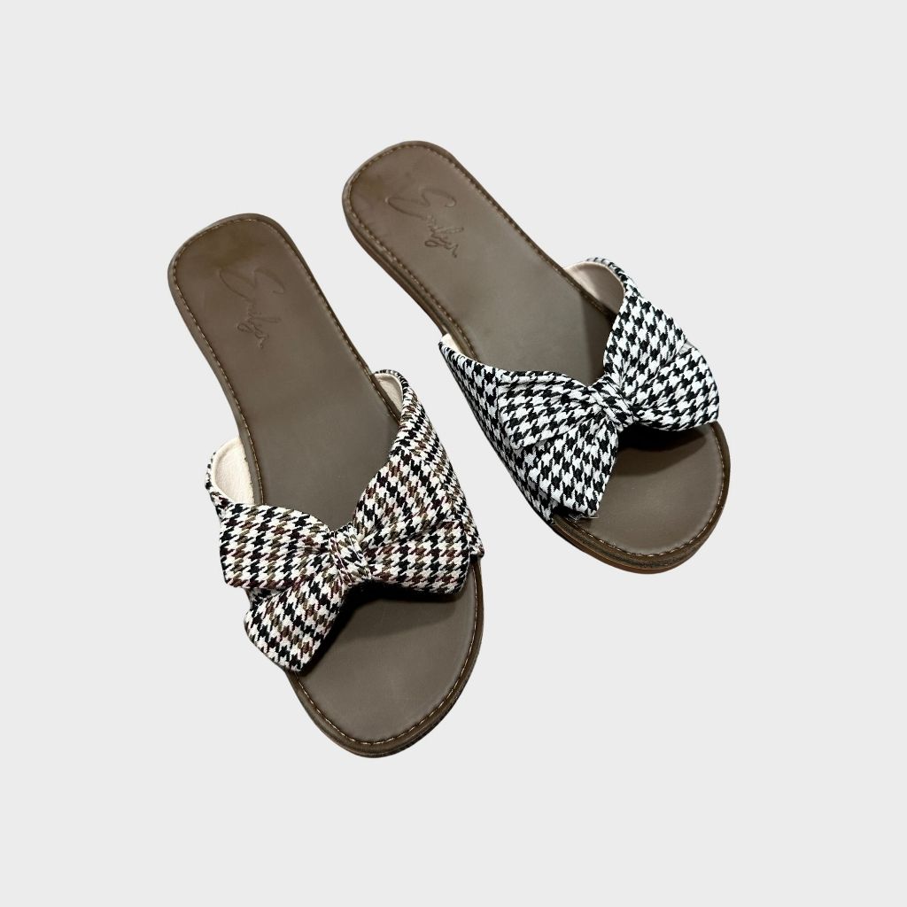 Dép lê nữ đế bằng Emily dép quai ngang thắt nơ xinh xắn vải dạ kẻ thời trang -ED1M