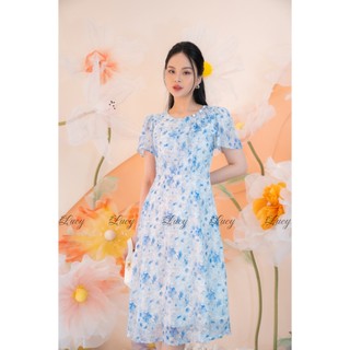 Đầm xoè Jino 9106 cổ tròn đính ngọc xếp nhún voan ép hoa váy Lucy