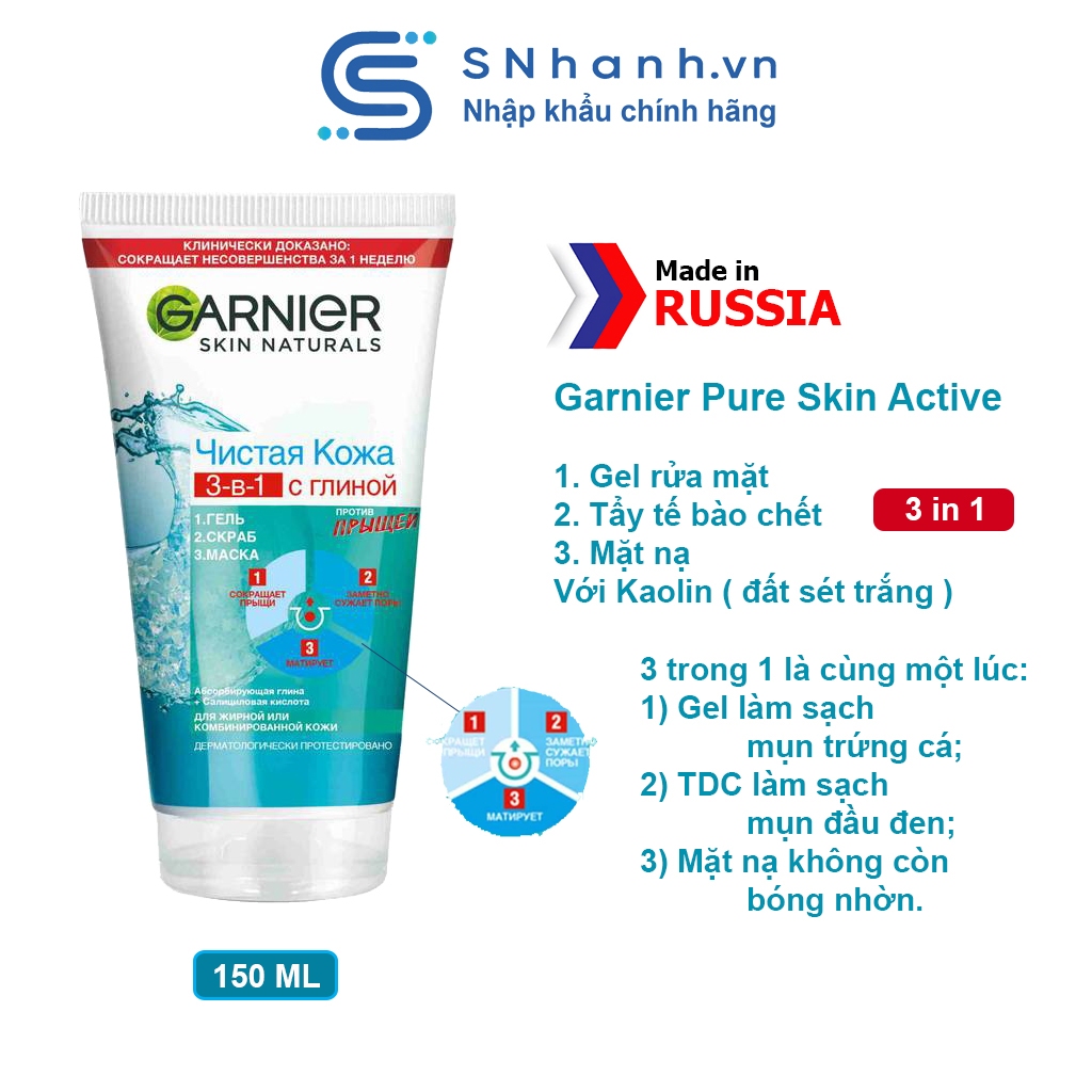 Gel rửa mặt + Tẩy tế bào chết + Mặt nạ 3 trong 1 với đất sét trắng Garnier Pure Skin Active 150 ml