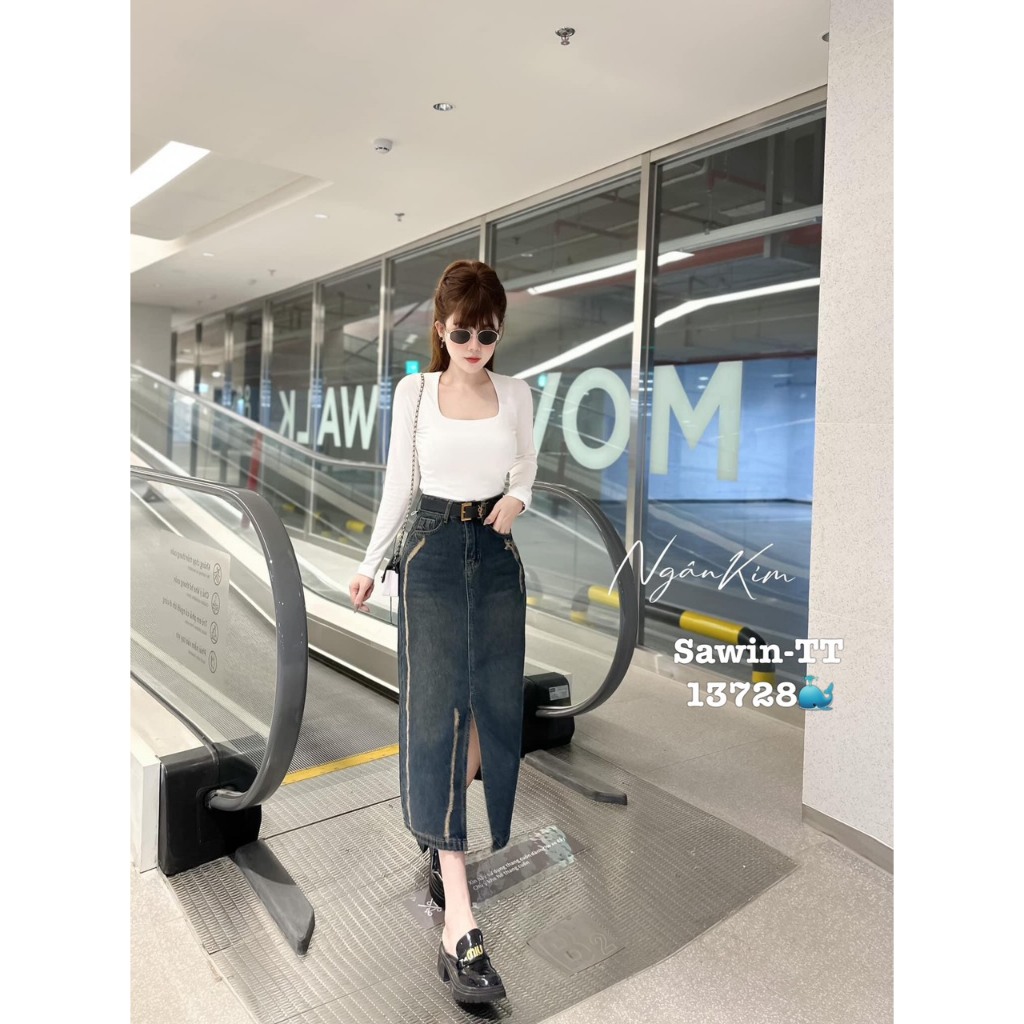 Chân váy jeans denim bò dài midi xẻ trước QCCC QCL1 CV0108 Mía