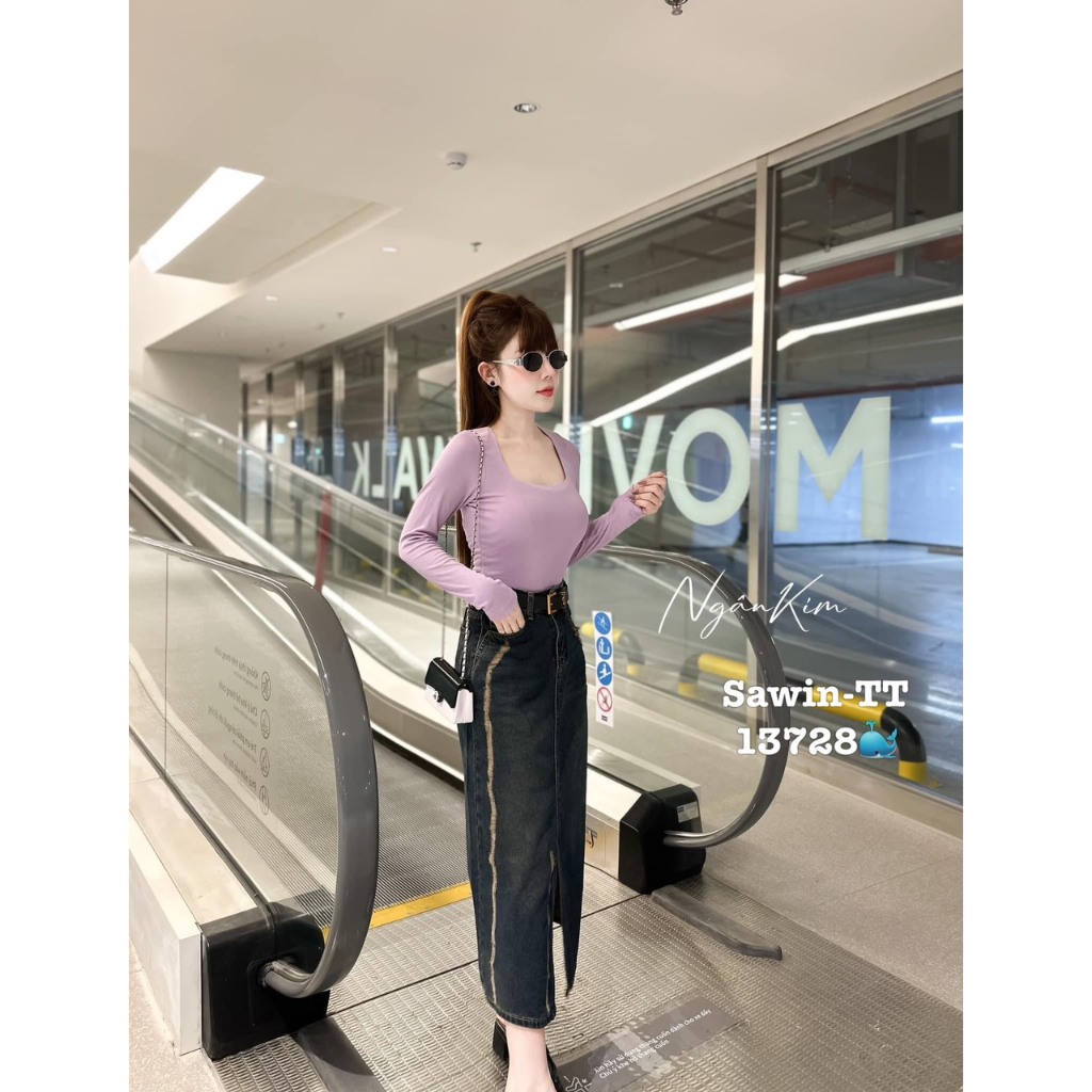 Chân váy jeans denim bò dài midi xẻ trước QCCC QCL1 CV0108 Mía