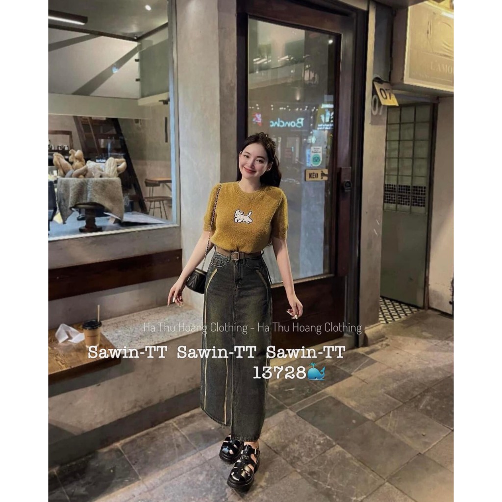 Chân váy jeans denim bò dài midi xẻ trước QCCC QCL1 CV0108 Mía