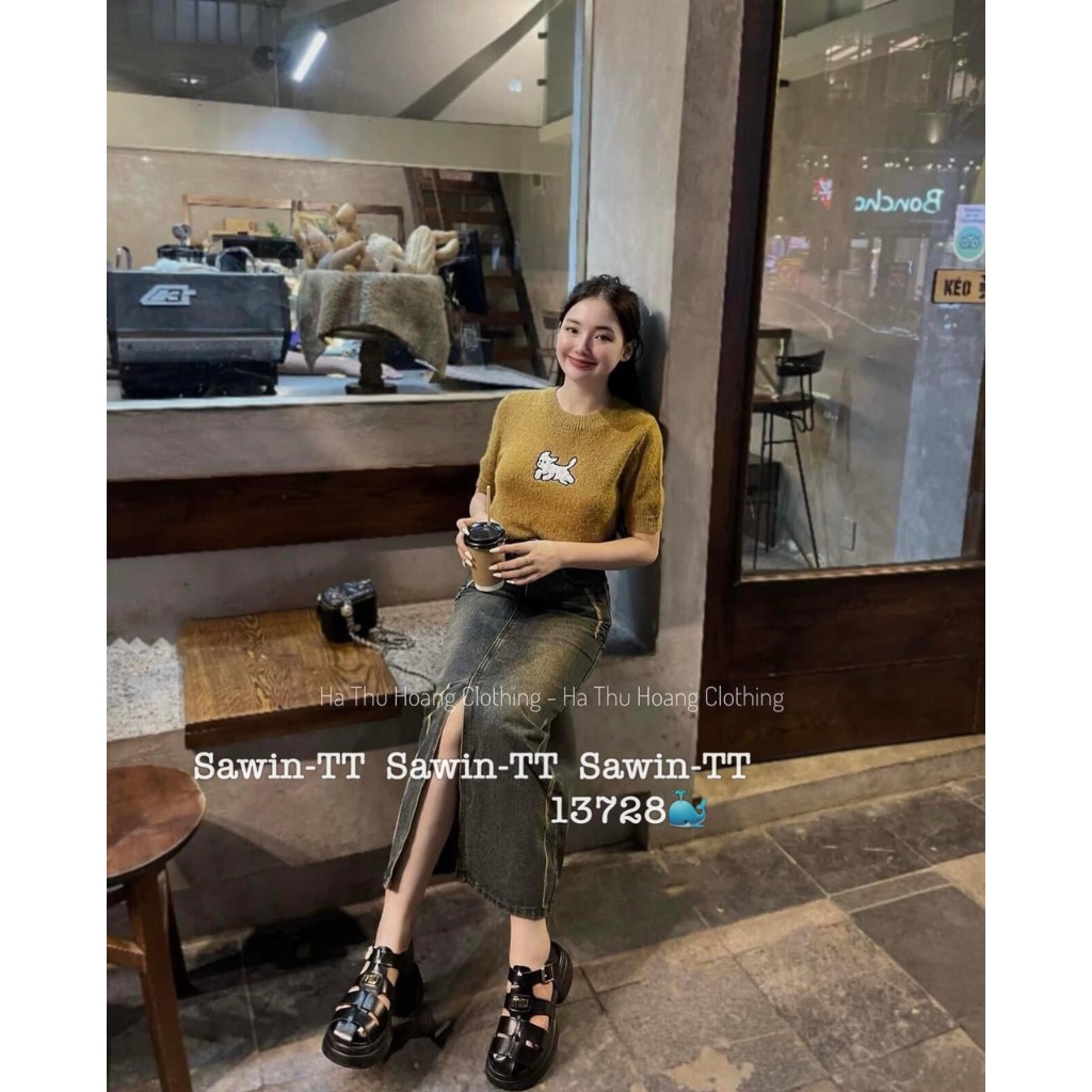 Chân váy jeans denim bò dài midi xẻ trước QCCC QCL1 CV0108 Mía