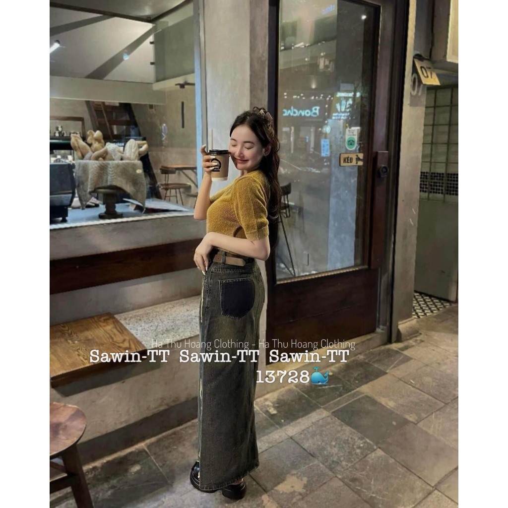 Chân váy jeans denim bò dài midi xẻ trước QCCC QCL1 CV0108 Mía