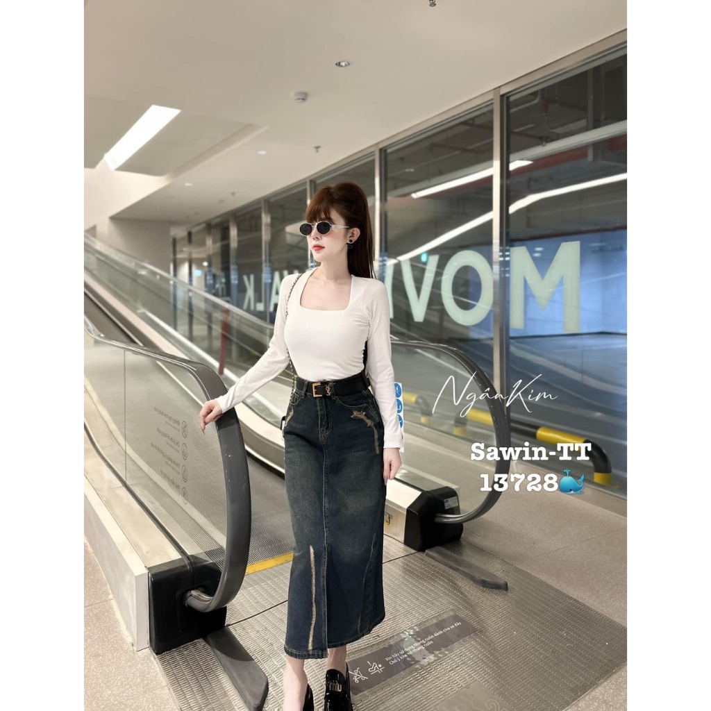 Chân váy jeans denim bò dài midi xẻ trước QCCC QCL1 CV0108 Mía