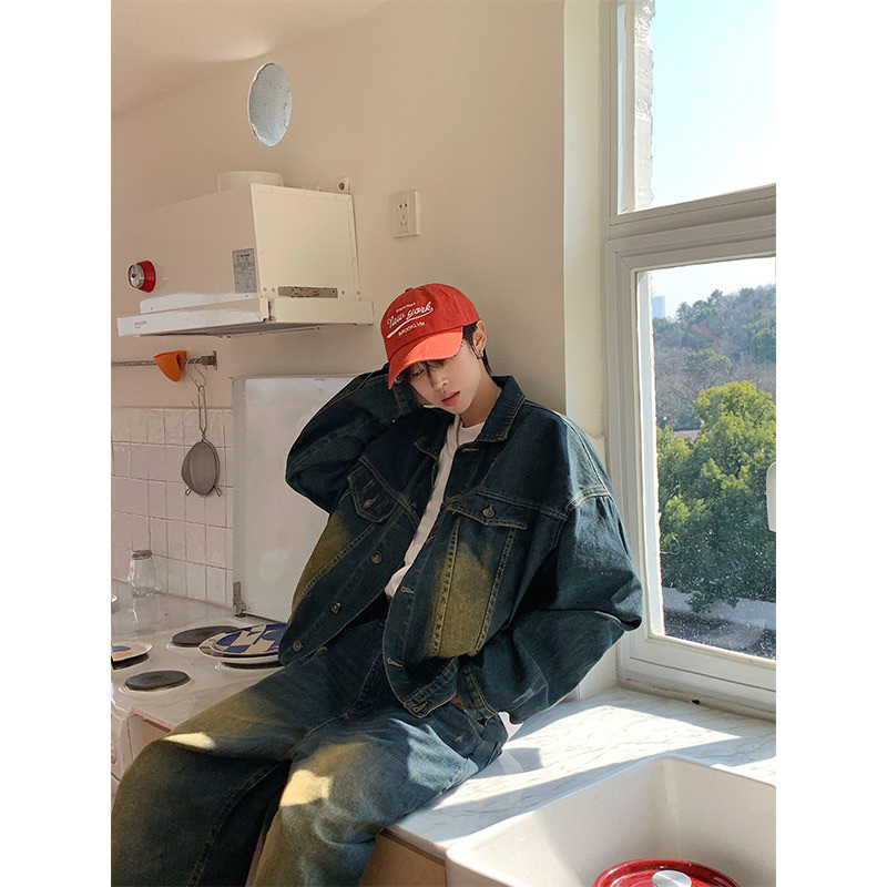 Áo Khoác Jean Denim Nam Local Brand Unisex Cao Cấp Dáng Rộng Màu Xanh Rêu Phong Cách Retro. Có 6 túi