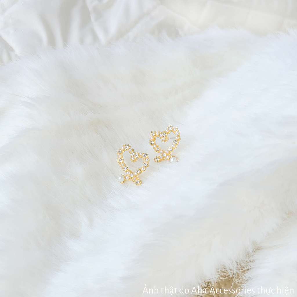 Khuyên tai nữ hình trái tim đính đá ngọc trai nhân tạo nữ tính sang trọng Aha.Accessories KTDN