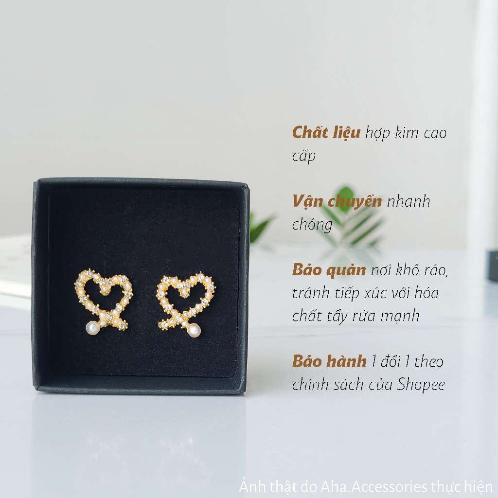 Khuyên tai nữ hình trái tim đính đá ngọc trai nhân tạo nữ tính sang trọng Aha.Accessories KTDN