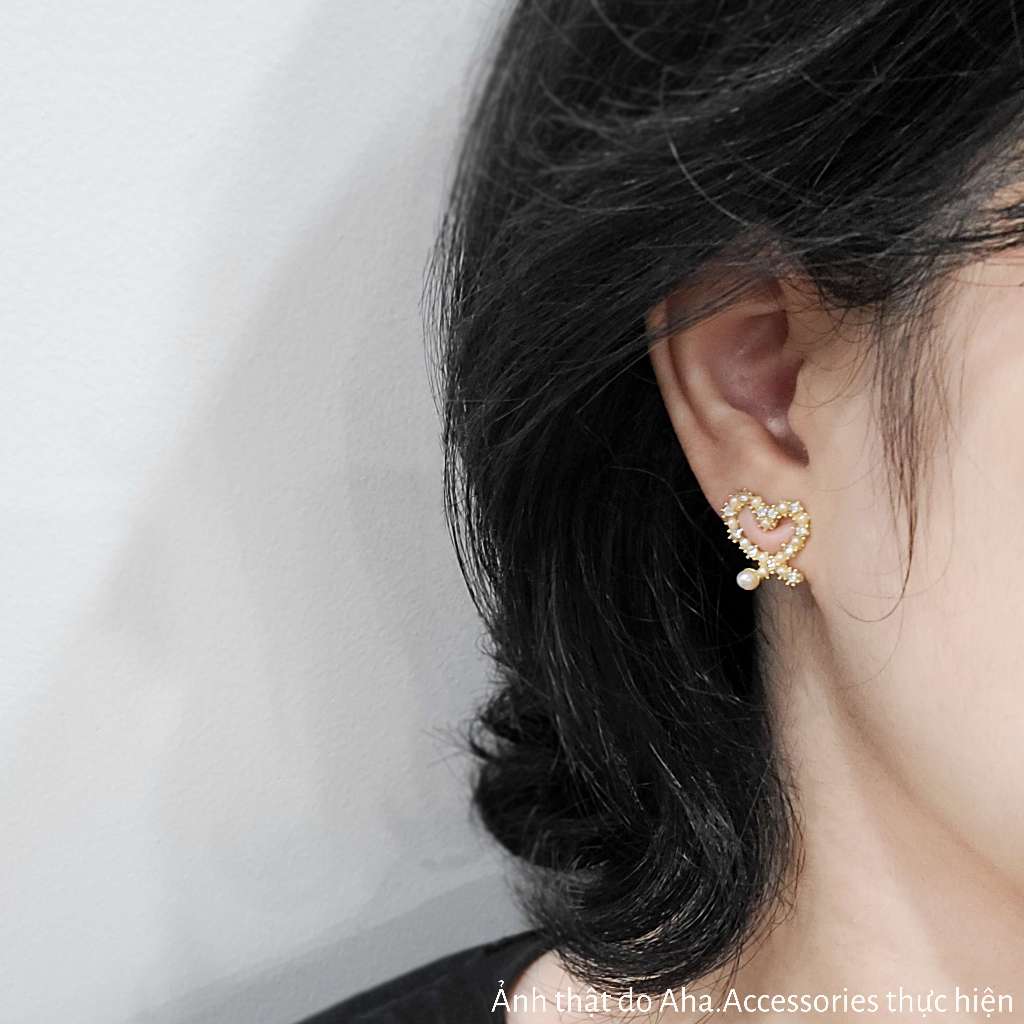 Khuyên tai nữ hình trái tim đính đá ngọc trai nhân tạo nữ tính sang trọng Aha.Accessories KTDN