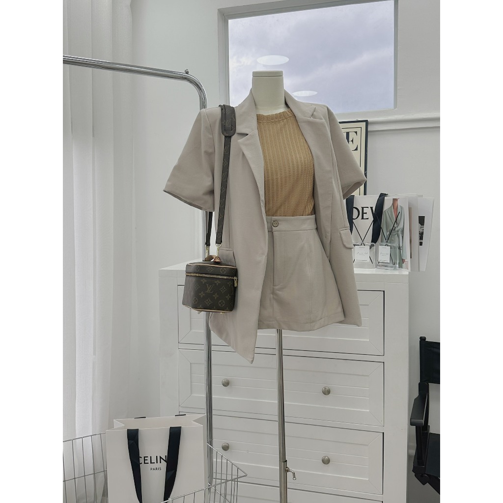 SET 3 MÓN VEST KEM NÂU: ÁO VEST TAY NGẮN KEM + ÁO SÁT NÁCH NÂU LƯỚI + QUẦN SHORT KEM