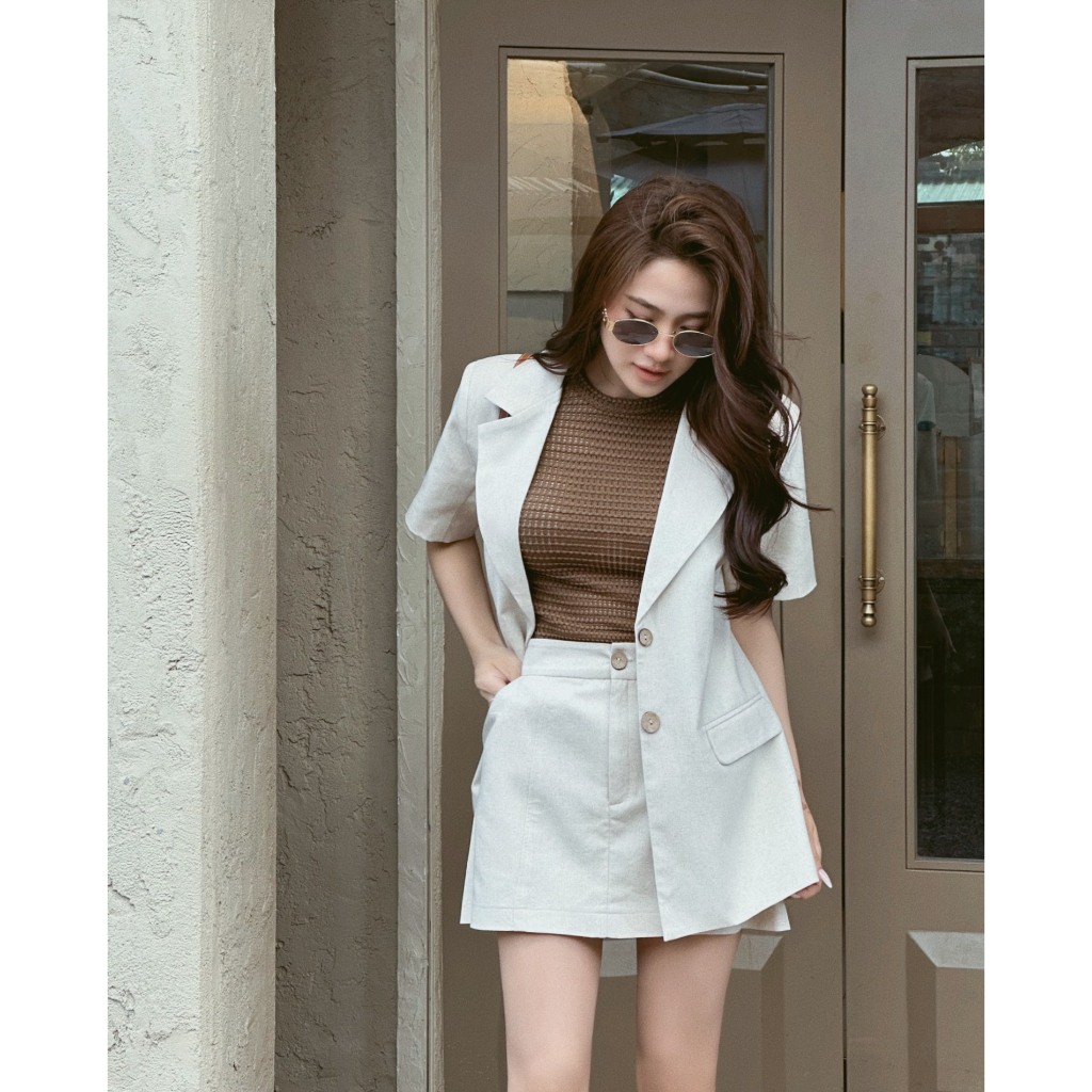 SET 3 MÓN VEST KEM NÂU: ÁO VEST TAY NGẮN KEM + ÁO SÁT NÁCH NÂU LƯỚI + QUẦN SHORT KEM