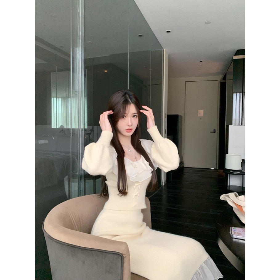 SET ÁO CROPTOP BÈO NGỰC TẦNG TAY DÀI ĐÍNH NƠ + CHÂN VÁY MIDI ĐUÔI CÁ BÈO