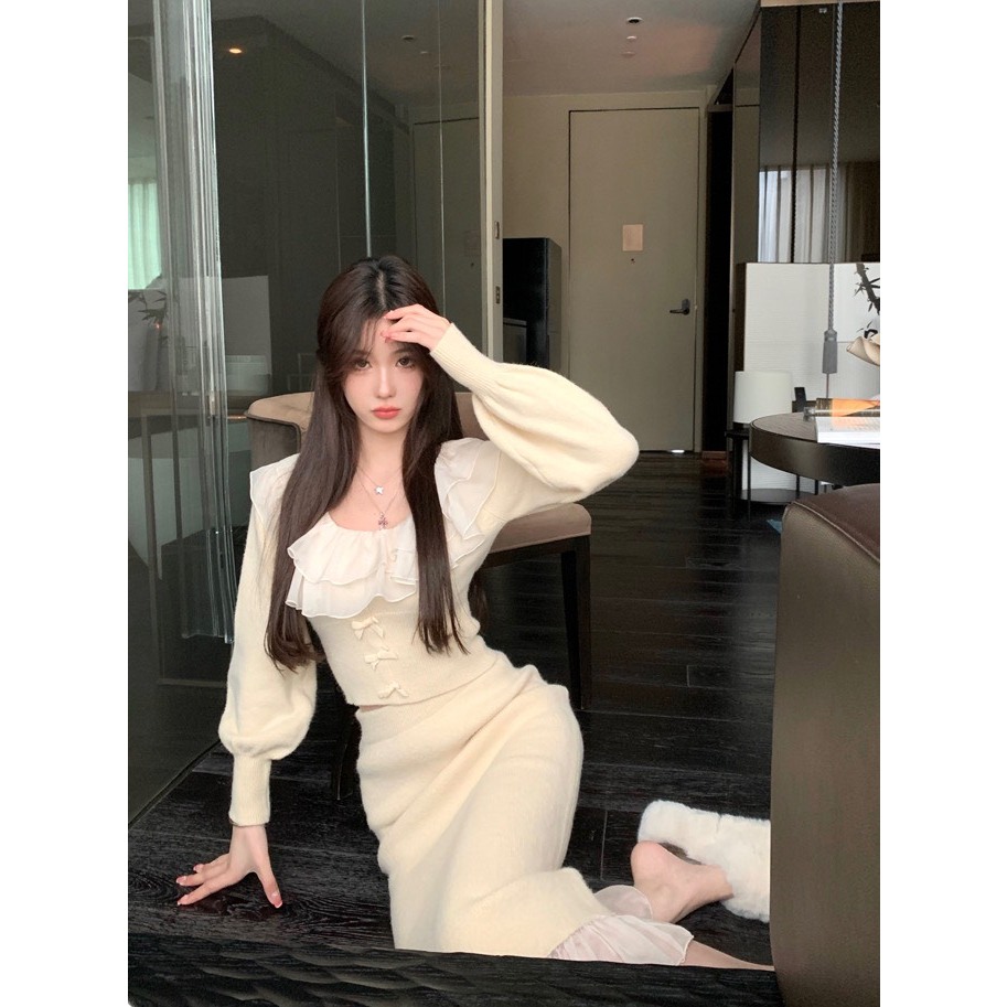 SET ÁO CROPTOP BÈO NGỰC TẦNG TAY DÀI ĐÍNH NƠ + CHÂN VÁY MIDI ĐUÔI CÁ BÈO