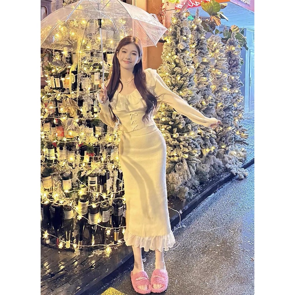 SET ÁO CROPTOP BÈO NGỰC TẦNG TAY DÀI ĐÍNH NƠ + CHÂN VÁY MIDI ĐUÔI CÁ BÈO