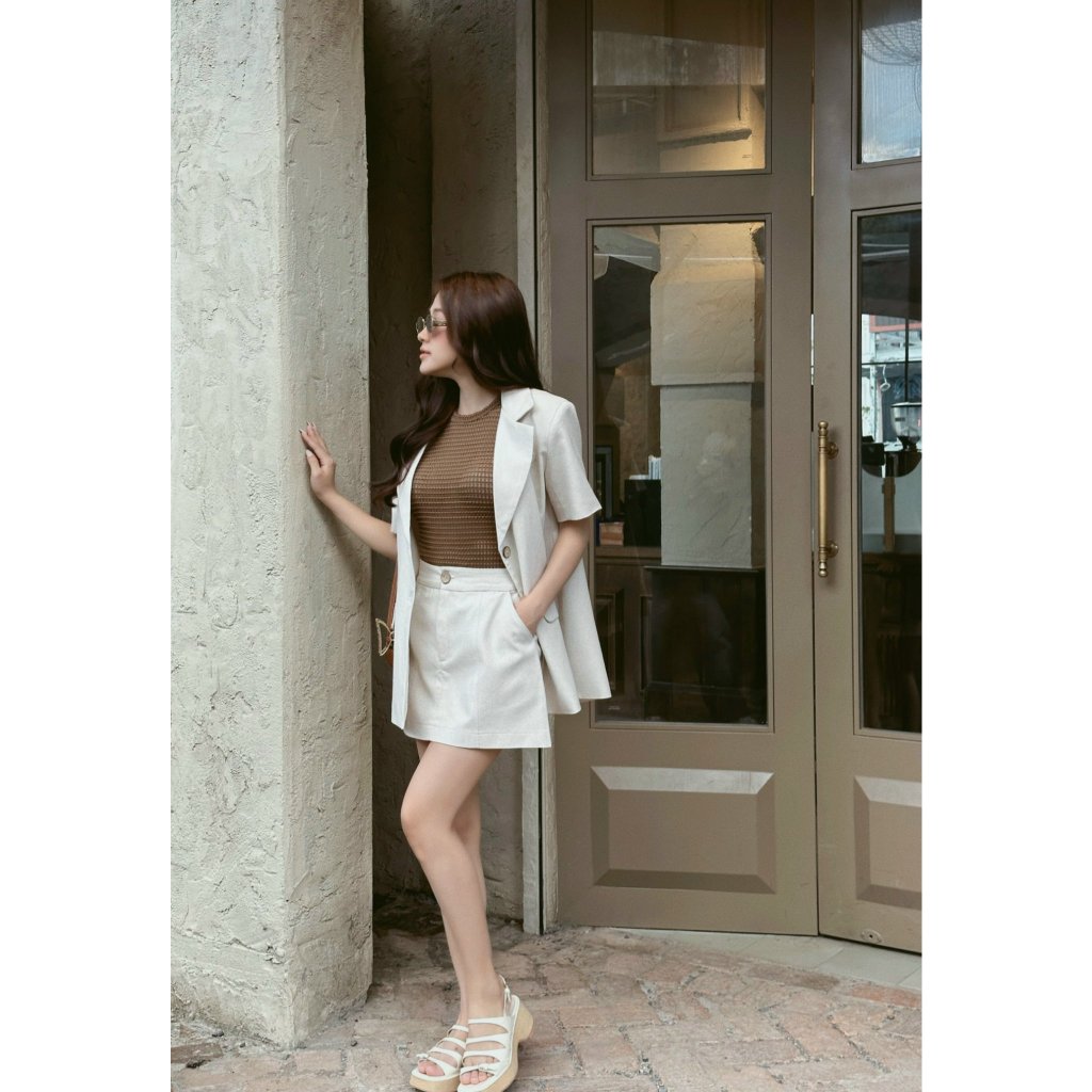 SET 3 MÓN VEST KEM NÂU: ÁO VEST TAY NGẮN KEM + ÁO SÁT NÁCH NÂU LƯỚI + QUẦN SHORT KEM