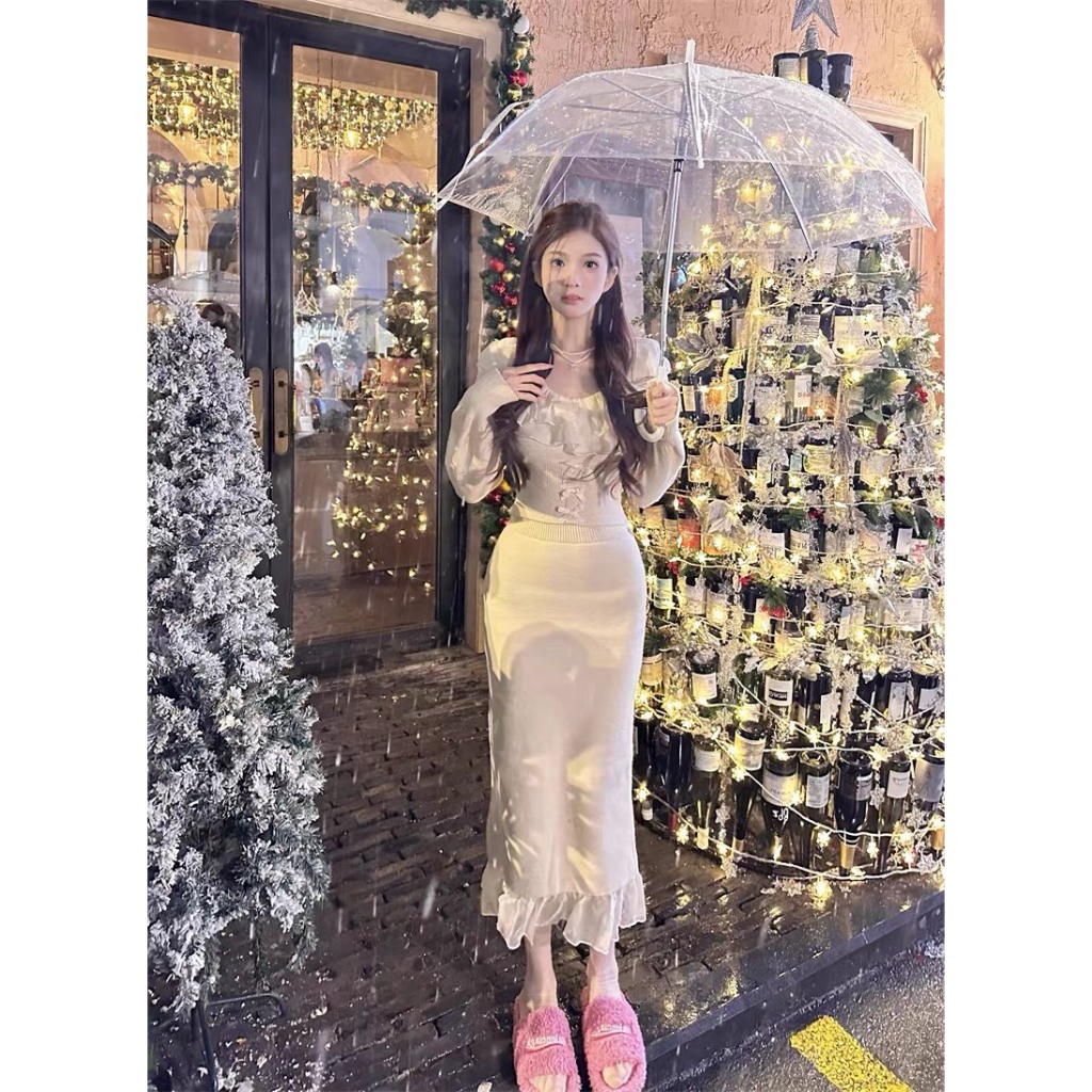 SET ÁO CROPTOP BÈO NGỰC TẦNG TAY DÀI ĐÍNH NƠ + CHÂN VÁY MIDI ĐUÔI CÁ BÈO