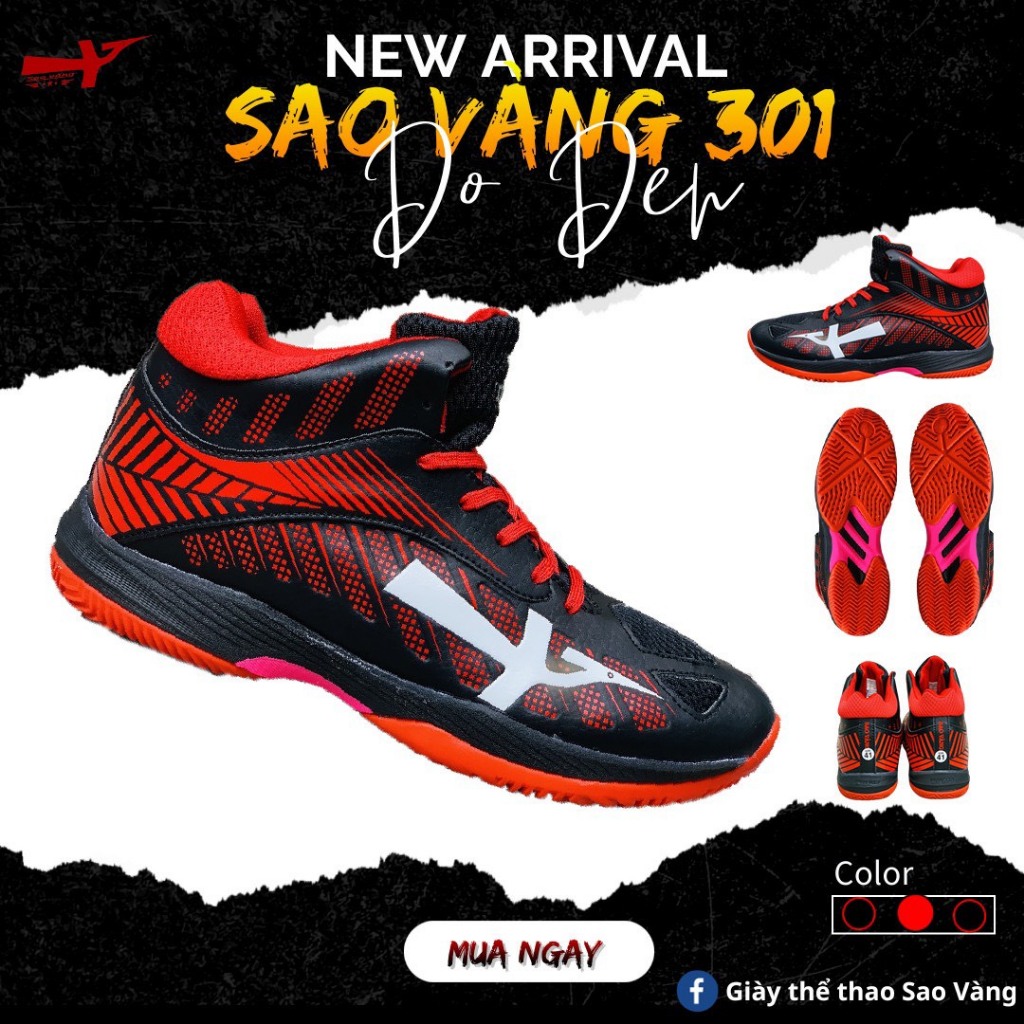 Giày bóng chuyền Sao Vàng 301 cổ cao nam nữ cày sân bê tông, tặng tất Asics dệt kim 2 lớp