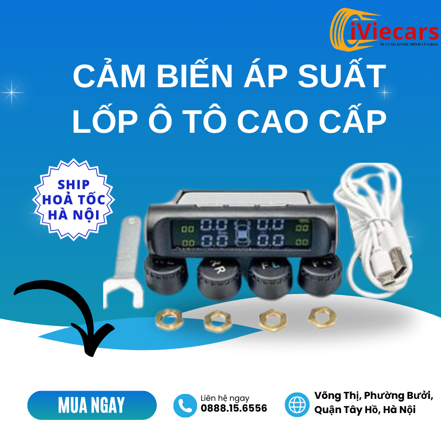Cảm biến áp suất lốp ô tô xe hơi cao cấp iViecar Màn LCD Pin hỗ trợ năng lượng mặt trời Có cảnh báo bằng tiếng Việt