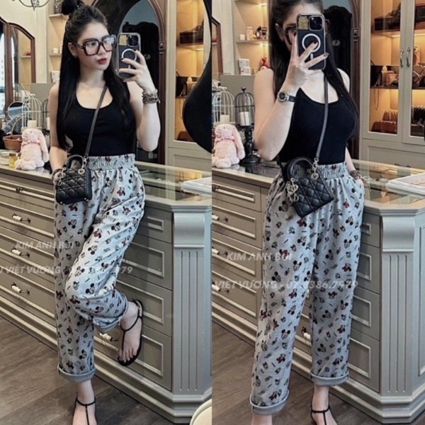 Quần baggy chất dạ chéo in hình mickey hàng cao cấp siêu cute, Quần nữ dáng baggy lưng chun hình mickey hothit