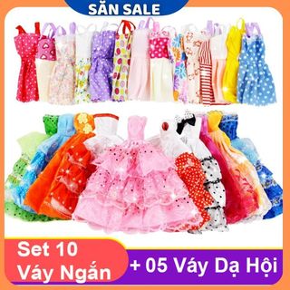 Bộ Set 10 Váy Ngắn + 05 Váy Đầm Dạ Hội Búp Bê 30Cm