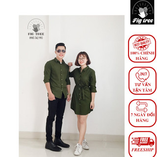Set Sơ Mi Váy Đôi FIGTREE Xanh Olive Quà Tặng Ý Nghĩa Cho Nửa Kia